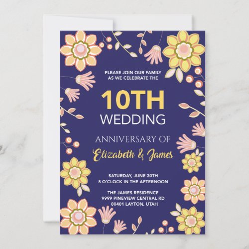10th Anniversary Blooms Golden  Pink Floral Bliss Invitation