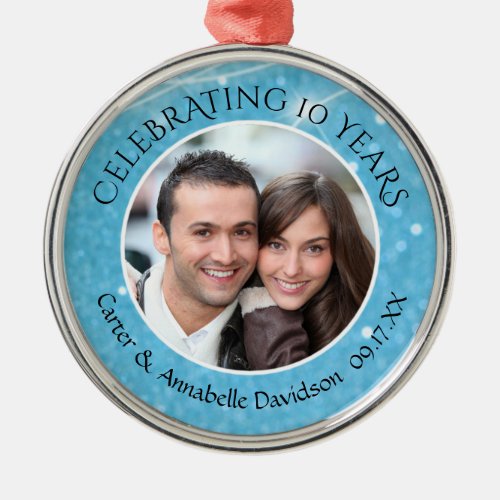 10th Anniversary Blue Sparkle Photo Personalized Metal Ornament