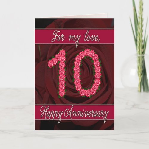 10th anniversary card with roses and leaves