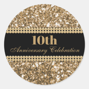 10th Anniversary Celebration Gold Glitter Pearls Classic Round Sticker