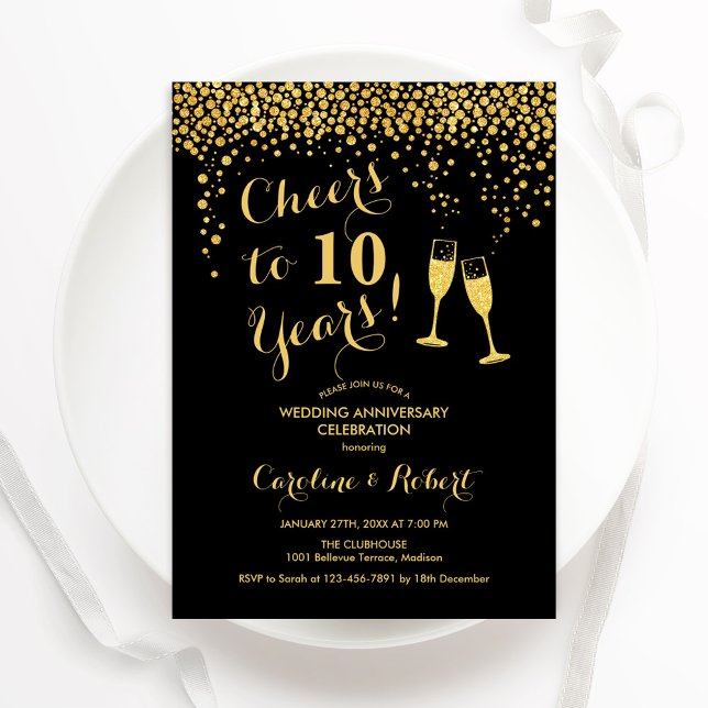 10th Anniversary - Cheers to 10 Years Gold Black Invitation (Creator Uploaded)