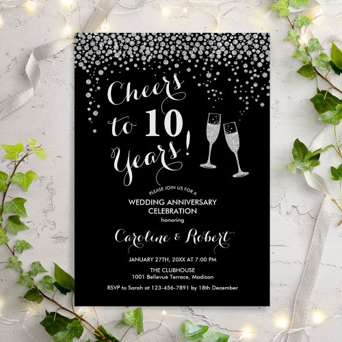 10th Anniversary _ Cheers to 10 Years Silver Black Invitation