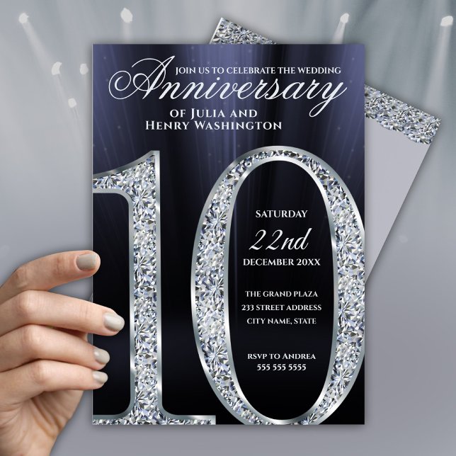10th Anniversary Diamond Silver Dark Blue Years Invitation (Creator Uploaded)