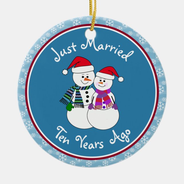 10th Anniversary Gift Fun Snow Couple Christmas Ceramic Ornament (Front)