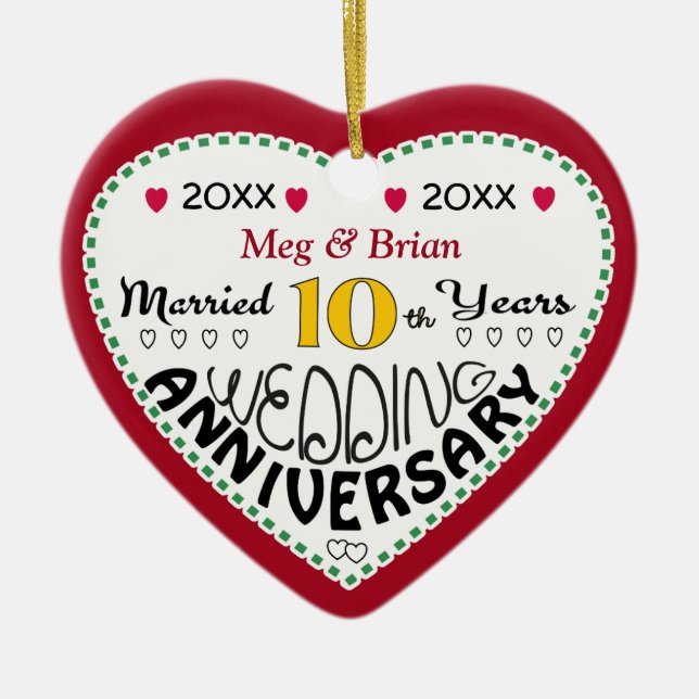 10th Anniversary Gift Heart Shaped Christmas Ceramic Ornament (Front)
