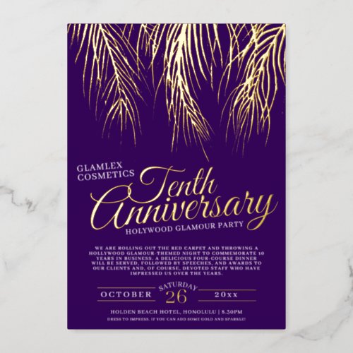 10th anniversary glamour party gold purple palms foil invitation