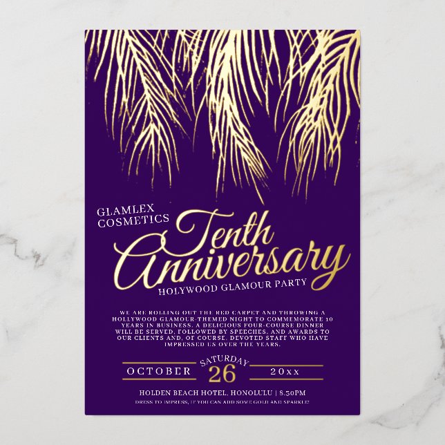 10th anniversary glamour party gold purple palms foil invitation (Front)