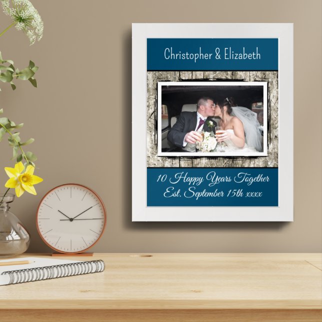 10th anniversary grey blue add names photo framed art (Table Top)