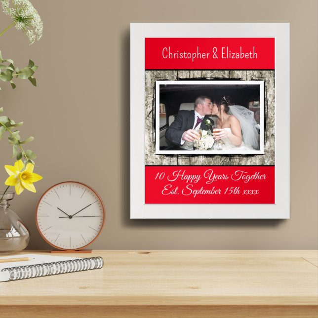 10th anniversary grey red add names photo framed art (Table Top)