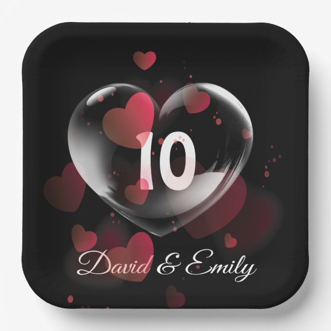 10th Anniversary Heart Bubble With Red Hearts Paper Plates (Front)