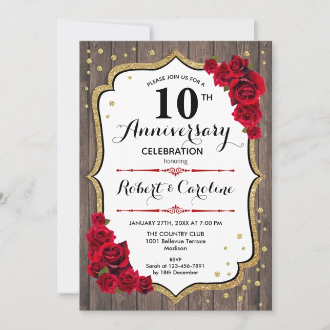 10th Anniversary Invitation - Wood Gold Red (Front)