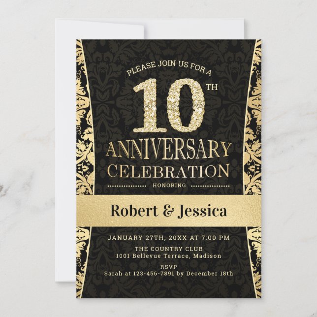 10th Anniversary Party - Gold Black Invitation (Front)