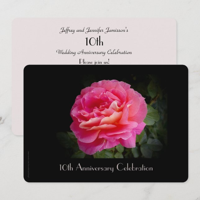 10th Anniversary Party Invitation Single Pink Rose (Front/Back)