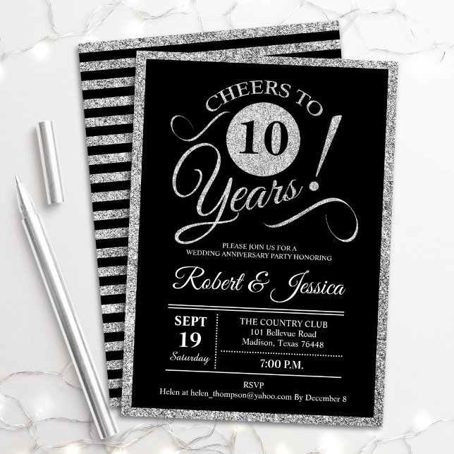 10th Anniversary Party - Silver Black Invitation