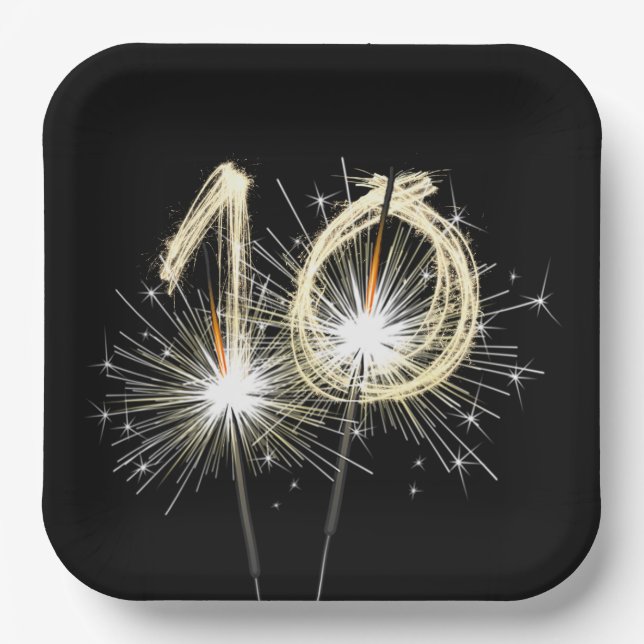 10th Anniversary Party Sparklers on Black  Paper Plates (Front)