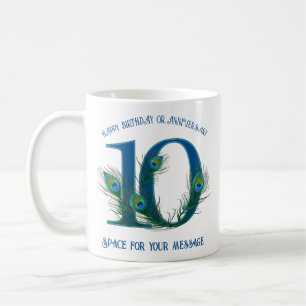 10th Anniversary Peacock Feather Customizable Coffee Mug