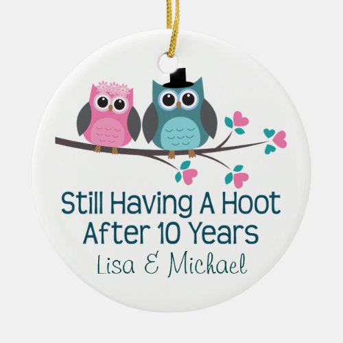 10th Anniversary Personalized Owl Couples Gift Ceramic Ornament