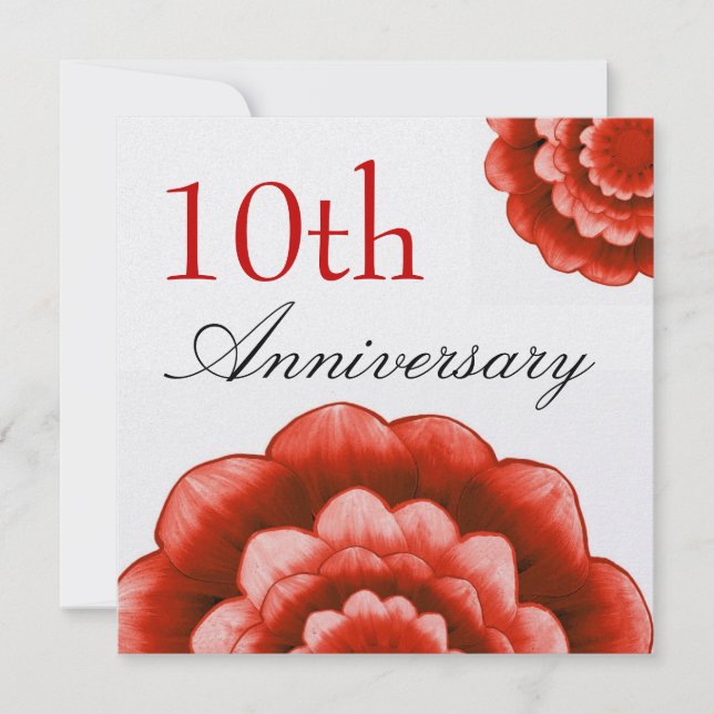 10th Anniversary Red Flowers Premium Metallic Invitation (Front)