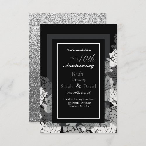 10th anniversary silver black  white rose print card