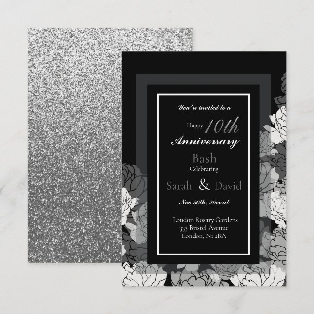10th anniversary silver, black & white rose print  card (Front/Back)
