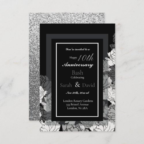 10th anniversary silver black  white rose print  card