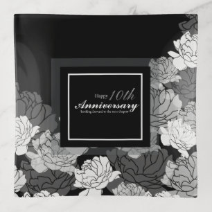 10th anniversary silver, black & white rose print trinket tray