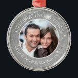 10th Anniversary | Silver Sparkle Photo Metal Ornament<br><div class="desc">Create a tenth wedding anniversary commemorative photo keepsake for a special couple with a personalized ornament with their photo, names and wedding date and the title CELEBRATING 10 YEARS in the traditional silver color for a 10th anniversary. You can also use this template for ANY anniversary year. EDITING TIP for...</div>