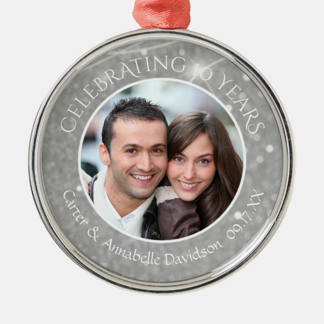 10th Anniversary | Silver Sparkle Photo Metal Ornament (Front)