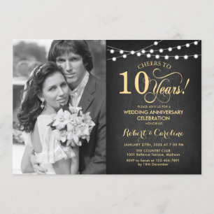 10th Anniversary with Photo - Chalkboard Gold Invitation