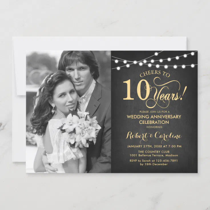 10th Anniversary with Photo - Chalkboard Gold Invitation | Zazzle