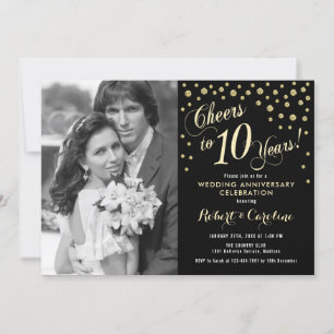 10th Anniversary with Photo - Gold Black Invitation