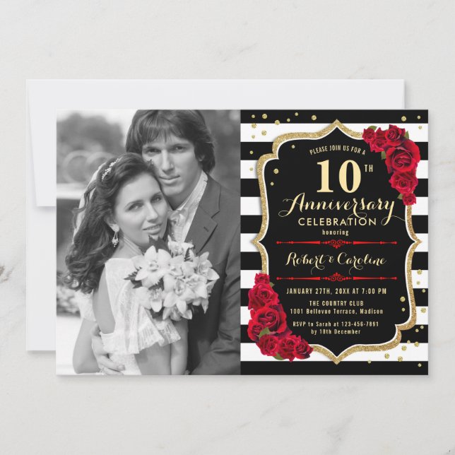 10th Anniversary with Photo - Gold Black Red Invitation (Front)