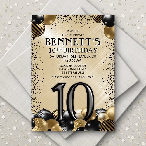 10th Balloons Black Gold Birthday Invitation