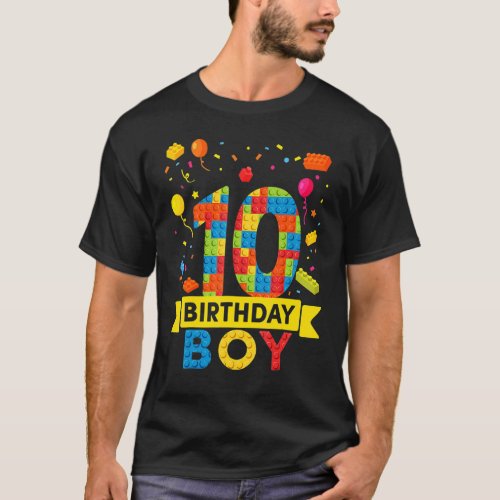 10th Birthday 10 Years Old Block Building Boys Kid T_Shirt