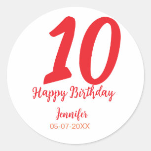 10th birthday add name date year red template classic round sticker