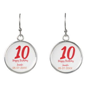 10th birthday add name date year red template  earrings