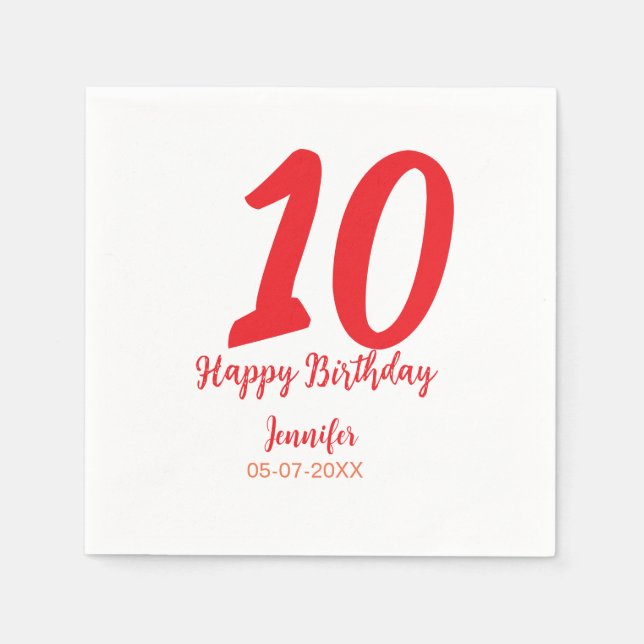 10th birthday add name date year red template  napkins (Front)