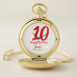 10th birthday add name date year red template  pocket watch
