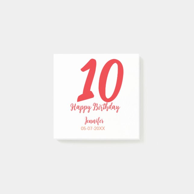 10th birthday add name date year red template  post-it notes (Front)