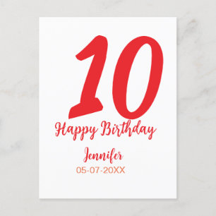 10th birthday add name date year red template  postcard