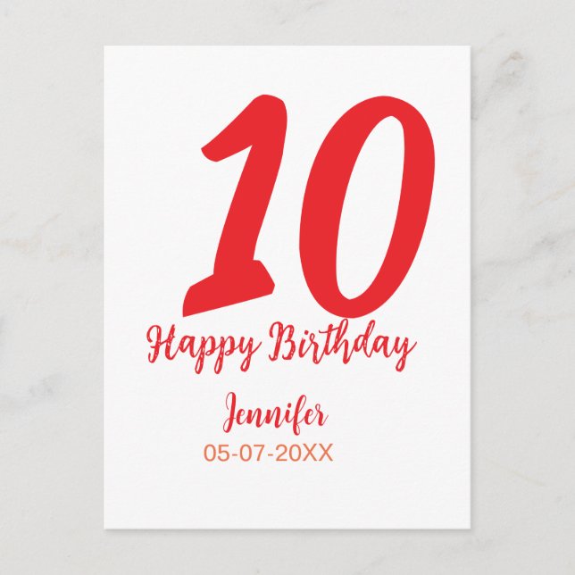 10th birthday add name date year red template  postcard (Front)