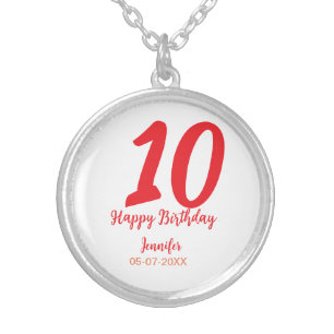 10th birthday add name date year red template silver plated necklace
