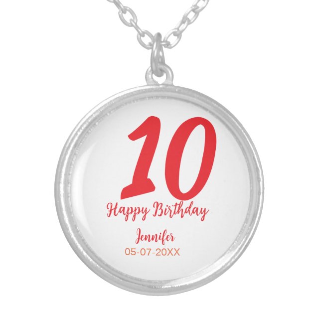 10th birthday add name date year red template  silver plated necklace (Front)