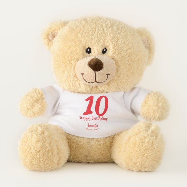 10th birthday add name date year red template  teddy bear (Front)