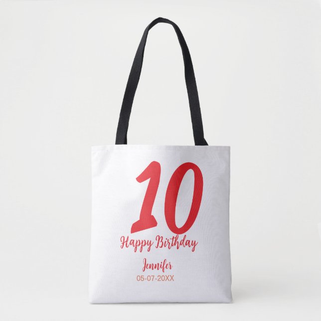 10th birthday add name date year red template  tote bag (Front)