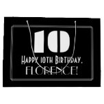 [ Thumbnail: 10th Birthday ~ Art Deco Inspired Look "10" + Name Gift Bag ]