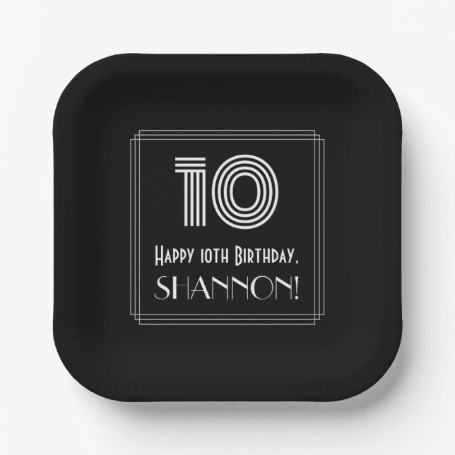 10th Birthday — Art Deco Inspired Look “10” + Name Paper Plates (Front)