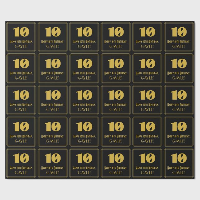 10th Birthday – Art Deco Inspired Look "10" & Name Wrapping Paper (Seam)