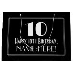 [ Thumbnail: 10th Birthday: Art Deco Inspired Style "10", Name Gift Bag ]