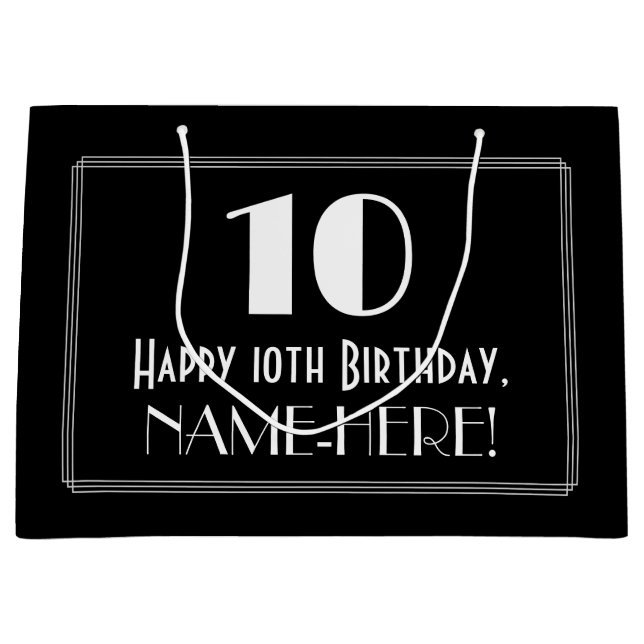 10th Birthday: Art Deco Inspired Style "10", Name Large Gift Bag (Front)